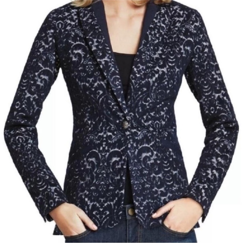 Cabi Navy Textured Damask Single Button Blazer Horse Crest Buttons Size 6